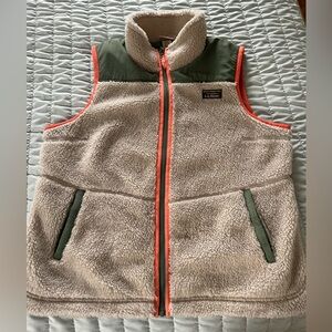L.L. Bean Sherpa Vest - Cream and Green with Coral Trim